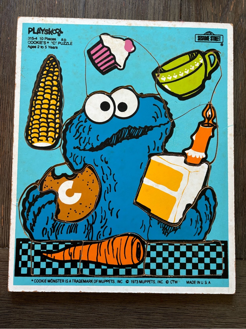Vintage Playskool Sesame Street Wooden Tray Cookie Monster Puzzle